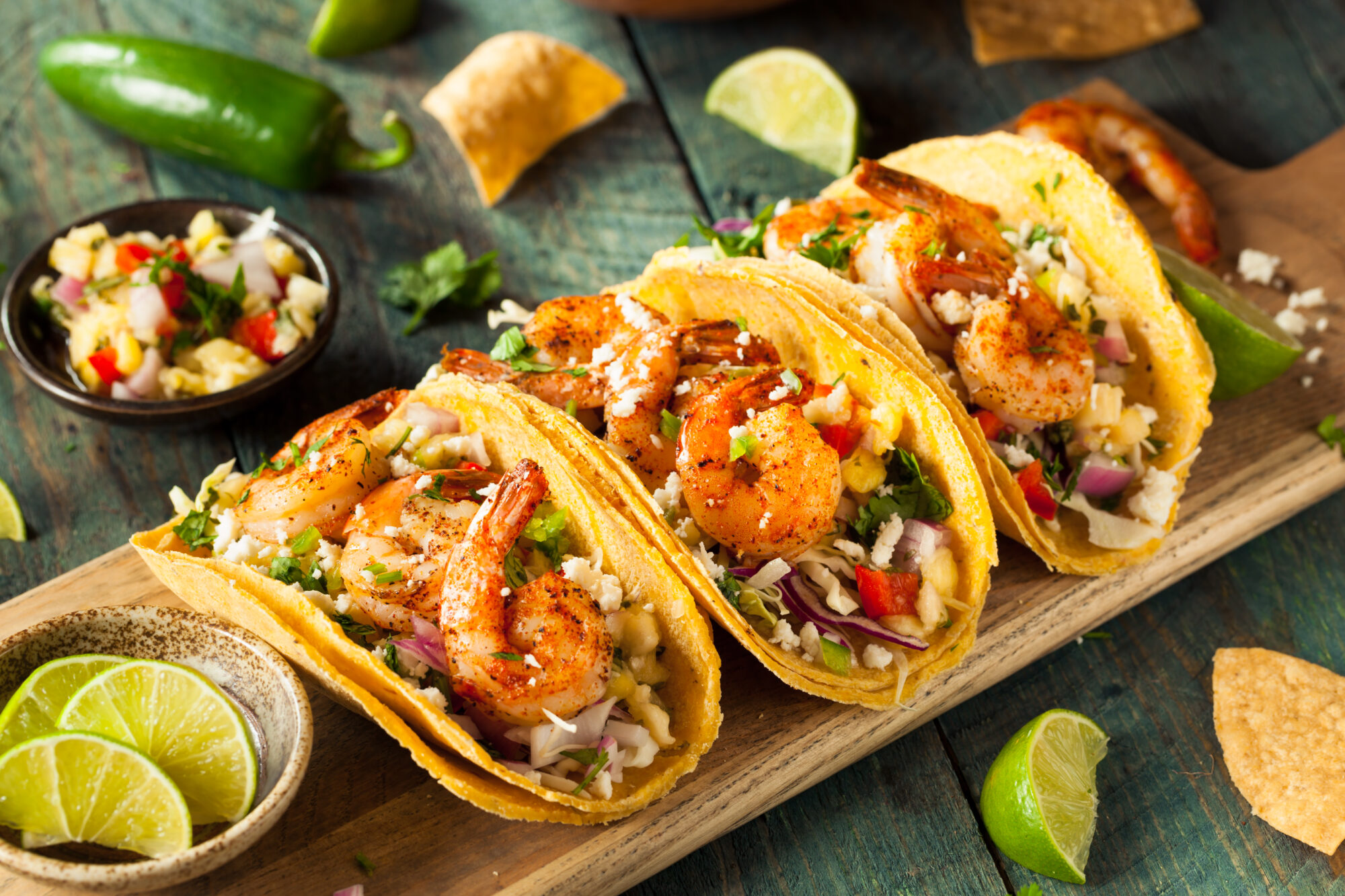A colorful image of three shrimp tacos laid out on wooden board, along with various fresh taco fixings.